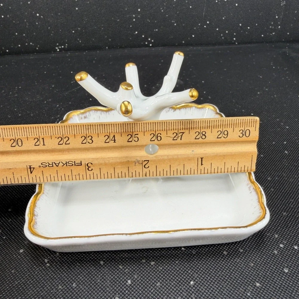 Limoges France Chamart Exclusive Porcelain Ring Holder Tree Gold Gilt White Tray